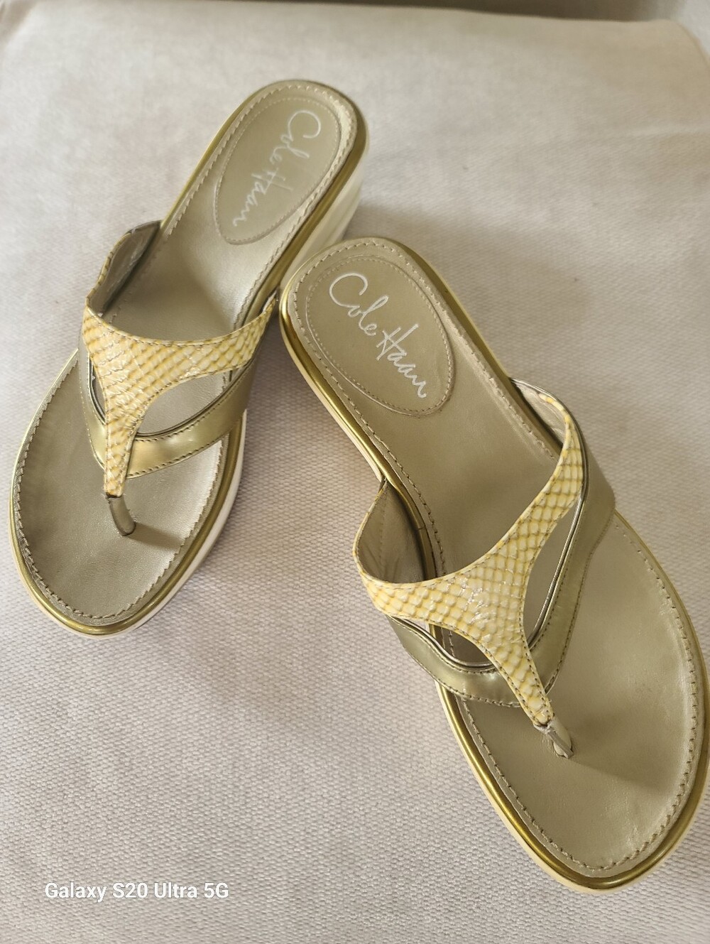 Cole Haan Yellow Snake-Print and Gold Strap Thong Sandals 6.5